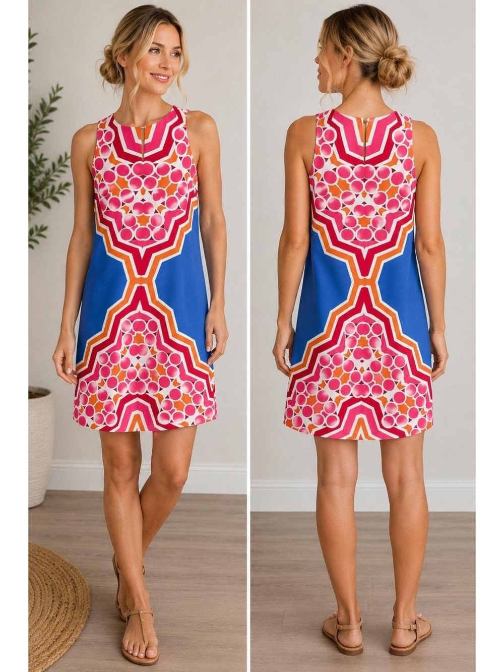 Sleeveless Geometric Print Shift Dress - Pink & Blue